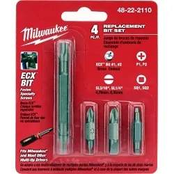 Milwaukee® 48-22-2110 11-in-1 Replacement Bit Set, Phillips®/Slotted/Square Point, #1, #2, 3/16 in, 1/4 in Point, 4 Pieces, Steel