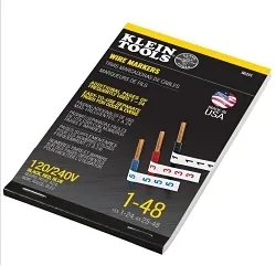 KleinĀ® 56251 14-Page 3-Phase Strong Tack Adhesive Wire Marker Book, 5-1/2 in L x 3-21/64 in W, Black/Blue/Red Printed on White, Cloth