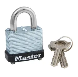 Master Lock® 105KA Rectangular Safety Padlock, Alike Key, 3/16 in Shackle, Laminated Steel Body, Silver, Warded/Single Lever Locking