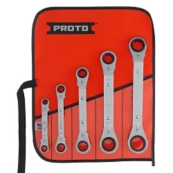Proto® J1180A Ratcheting Reversible Box End Wrench Set, Imperial, 5 Pieces, 1/4 x 5/16 to 3/4 x 7/8 in, Full Polished