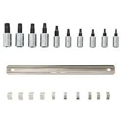 Proto® J4740C Socket Bit Set, 1/4, 3/8 in Drive, T10 to T55 Torx, 10 Pieces, Polished Chrome, ASME Specified
