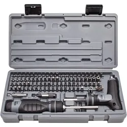 ProtoĀ® J61390 Multi-Bit Set With Ratcheting Screwdriver and T-Handle, 91 Pieces, #0 to #3, 1/2 to 9/64 in, 1.5 to 9 mm, R0 to R3, SN4 to SN10, T8 to T65 TP, TS4 to TS10, TW1 to TW3 Range, Molded Grip Handle, Alloy Steel