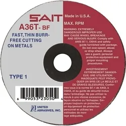 United Abrasives-SAIT 23210 Thin High Speed Cut-Off Wheel, 6 in Dia x 0.035 in THK, 7/8 in Center Hole, A36T Grit, Aluminum Oxide Abrasive
