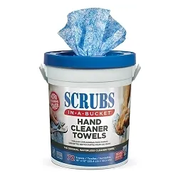 SCRUBS in-a-Bucket® Hand Cleaner Towels, 42272, 72 Pre-Moistened Heavy Duty Hand Cleaner Towels In Center Pull Canister, Blue/White