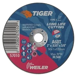 Tiger® 57010 Flat Long Life Performance Cut Cutting Wheel, 2 in Dia x 0.035 in THK, 3/8 in Center Hole, 60 Grit, Aluminum Oxide Abrasive