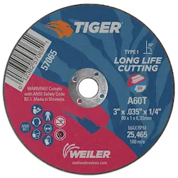 Tiger® 57065 Flat Long Life Performance Cut Cutting Wheel, 3 in Dia x 0.035 in THK, 1/4 in Center Hole, 60 Grit, Aluminum Oxide Abrasive