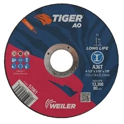Tiger® AO 57061 Flat Long Life Performance Line Reinforced Small Cut-Off Wheel, 4-1/2 in Dia 1/16 in THK, 7/8 in Center Hole, A60T Grit, Premium Aluminum Oxide Abrasive