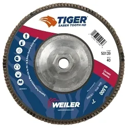 Tiger® Ceramic 50139 High Density Open Premium Coated Abrasive Flap Disc, 7 in Dia Disc, 40 Grit, Coarse Grade, Ceramic Alumina Abrasive, Type 27 Flat Disc