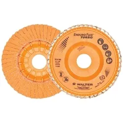Walter Surface Technologies Enduro-Flex Turbo™ 06A462 06-A Close Coated Flap Disc, 4-1/2 in Dia Disc, 7/8 in Center Hole, 36/60 Grit, Course Grade, Ceramic Abrasive, Type 27 Disc
