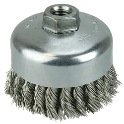 Weiler® 12406 Single Row Cup Brush, 4 in Dia Brush, 5/8-11 Arbor Hole, 0.014 in Dia Filament/Wire, Standard/Twist Knot, Stainless Steel Fill