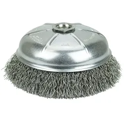 Weiler® 14076 Internal Nut Cup Brush, 6 in Dia Brush, 5/8-11 Arbor Hole, 0.02 in Dia Filament/Wire, Crimped, Steel Fill