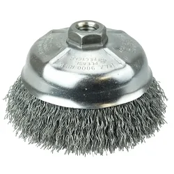 Weiler® 14216 Cup Brush, 5 in Dia Brush, 5/8-11 Arbor Hole, 0.02 in Dia Filament/Wire, Crimped, Steel Fill